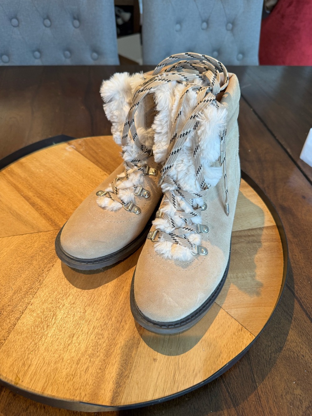Sam Edelman Beige Suede Lace-Up Fur Trim Boots
